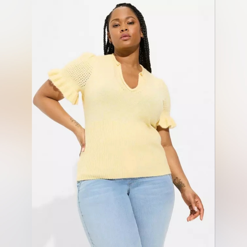 Torrid Butter Yellow Pullover V-Neck Ruffle Elbow Sleeve Pullover Sweater 3x